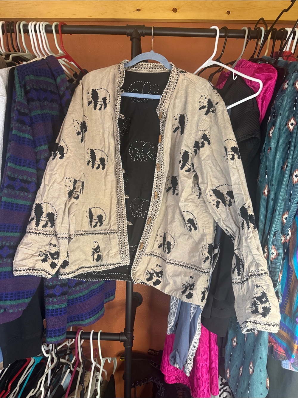 Embroidered Elephant Print Women's Jacket - Cream/Black